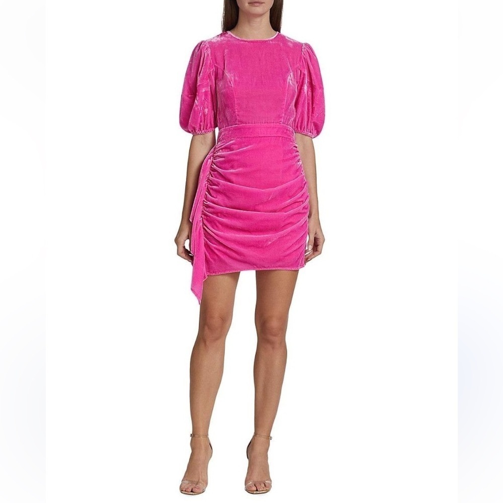 Rhode Pia Puff Sleeve Draped Dress pink velvet 22644